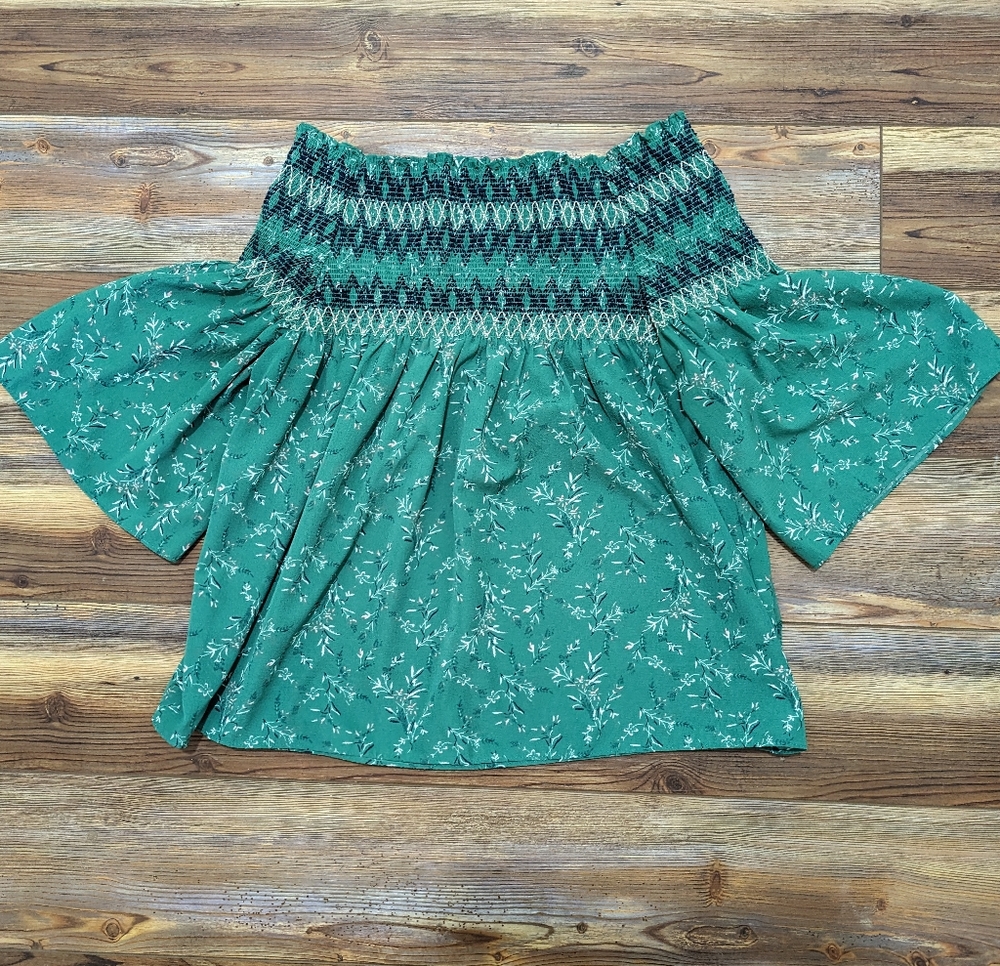 THML Anthropologie Smocked Off The Shoulder Embroidered Stretch Green  Blouse L